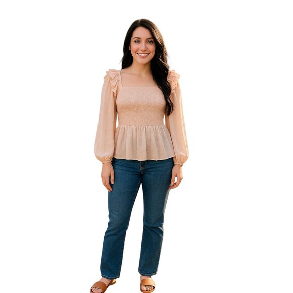 Entro Blush Smocked Peplum Top Long Sleeve Ruffle Sheer Sleeve Cottagecore - Picture 3 of 11